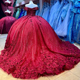 Off-Shoulder Red Tulle Quinceanera Dress Sparkling Floral Applique Ball Gown for Sweet 16 & Princess Birthday Parties